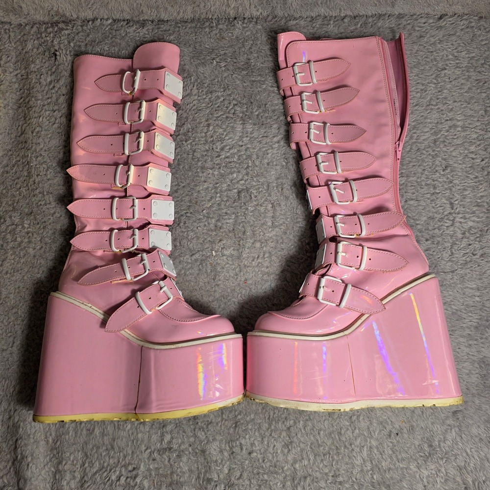 DEMONIA DAMNED Punk Gothic Buckle‎ Strap Pink Hologram Platform Knee Boots Sz 6